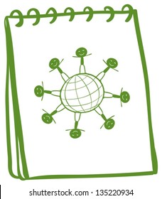 Illustration of a green notebook with a drawing of kids standing around the globe on a white background