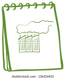 Illustration of a green notebook with an image of a factory on a white background