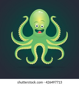 Illustration of green octopus on dark background. Cartoon vector illustration.