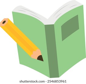 Illustration of a green open book with a yellow pencil resting on its pages