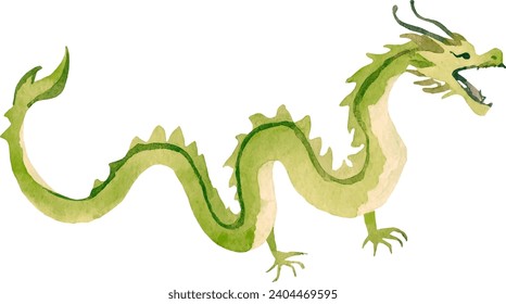 Illustration of a green oriental dragon with watercolour touch.
