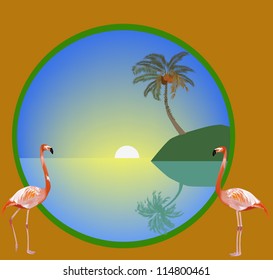 illustration with green palms and red flamingo
