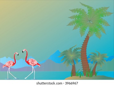 illustration with green palms and red flamingo