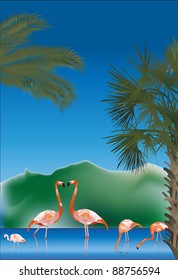 illustration with green palms and red flamingo