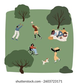 illustration of a green park with people playing catch, relaxing on a picnic, and walking pets. Open grassy field with trees and an active outdoor lifestyle. Nature recreation concept. Flat vector.