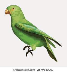 Illustration of a green parrot with detailed feathers. The parrot stands with its beak slightly open. Vibrant green parrot with intricate feather details. Vintage bird illustration vector.