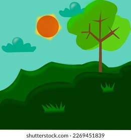 Illustration of green pasture. Vector art, cartoon of landscape.