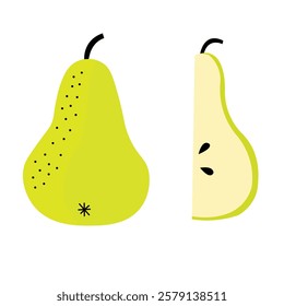 Illustration of a green pear whole and sliced with seeds on white background in flat style