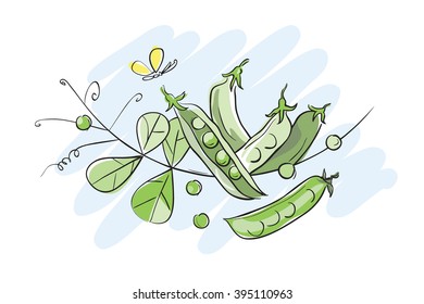 Illustration of green peas. Vector hand drawn.
