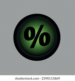 Illustration of a green percent symbol, inside a glossy dark round button.