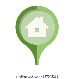the illustration of green pin with house pictogram / The tag with home icon / the residence icon