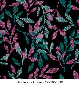Ilustración de ramas de garabatos verdes y rosas con hojas aisladas en un fondo negro. Patrón transparente
