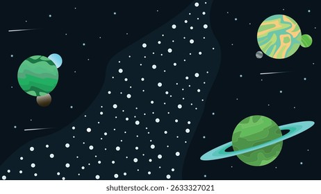 illustration of a green planet and dark space separated by a river of asteroids