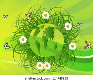 illustration with green planet in grass
