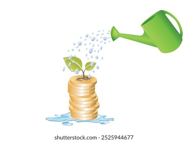 ilustração de uma planta verde crescendo a partir de uma pilha de moedas de ouro sendo regadas, simbolizando o crescimento do investimento e a prosperidade financeira. Perfeito para apresentações de negócios, artigos financeiros.