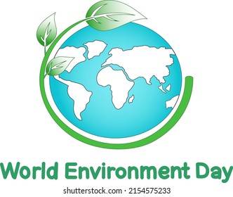 illustration of green plant with leaves around globe and world environment day lettering on white,stock illustration