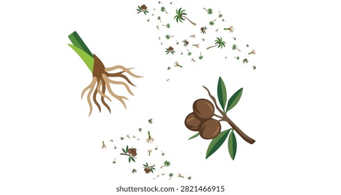 illustration of green plant root and brown seed with many small sprouting seedlings flying on white background