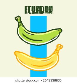 Illustration of green plantain and ripe banana with “Ecuador” text, colorful tropical-style art. Green Banana