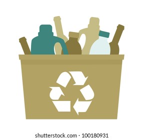 Illustration of a green plastic bin with empty bottles in it.