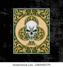 illustration of a green poker skull in vintage style with ornaments and borders. textured black background