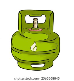 Illustration of a green propane tank featuring a flame symbol, indicating flammable gas. Ideal for depicting fuel storage or energy and safety concepts.