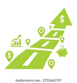 Illustration of a green road map with dollar signs and financial icons