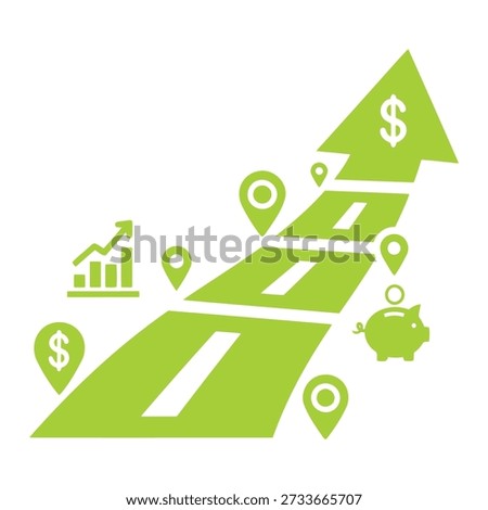Illustration of a green road map with dollar signs and financial icons