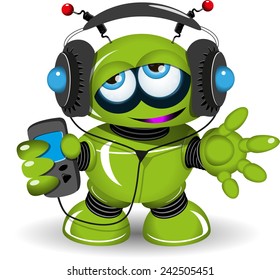 Illustration of a green robot listen to anything