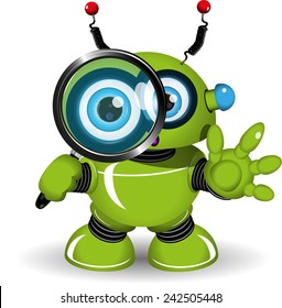 Illustration of a green robot with a magnifying glass