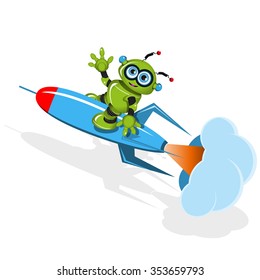 Illustration a Green robot on the rocket