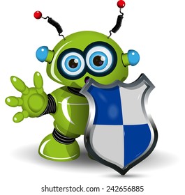 Illustration of a green robot with a shield
