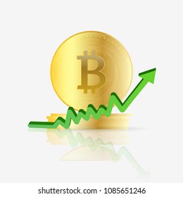 Illustration of a green sales chart and bitcoin isolated on a white background.