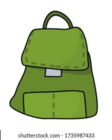 Illustration of a green school bag on a white background. Kids backpack with education equipment. Education and study back to school, schoolbag luggage in cartoon style, rucksack vector illustration