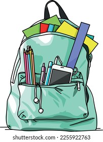Illustration green school bag with yellow paper,pencil,ruler,pen,earphone vector design