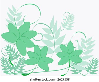 An illustration of green shamrocks and fern-like vines on a pale pink background.
