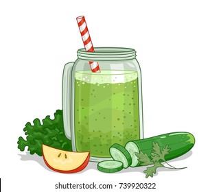 Illustration of a Green Smoothie in a Mason Jar with Cucumber, Apple and Lettuce