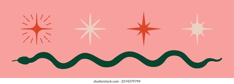 Illustration of a green snake with four star symbols on a pink background. The snake and stars create a mystical, abstract design. Snake and stars motif. Spirituality vector set.