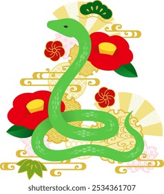 Illustration of green snake and Japanese style ornaments