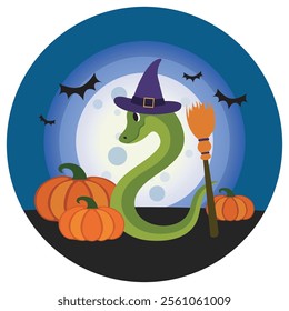 Illustration with a green snake in a witch's hat holding a broom, against a full moon background. Pumpkins and bats around. Theme - Halloween, bright and fairy-tale style.