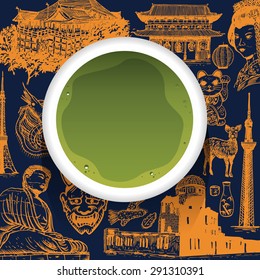 Illustration of green tea cup on hand drawn Japanese icons 