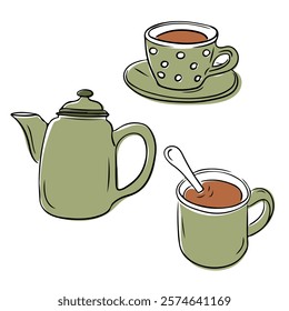 Illustration of a green tea set with a teapot, polka dotted teacup on a saucer, and a mug with a spoon isolated on white background. Vector hand drawn doodle illustration