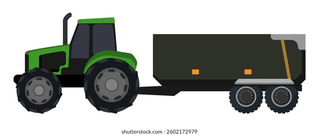 Illustration of a green tractor with a large trailer attached, used in agricultural settings. Isolated on a white background.