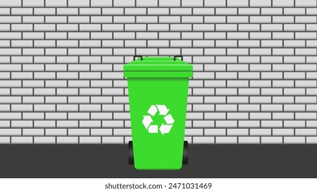 Ilustración de un cubo de basura verde con el logotipo de reciclaje en una calle con una pared de ladrillo gris claro como fondo y un camino gris oscuro de asfalto como el suelo en alta calidad y resolución