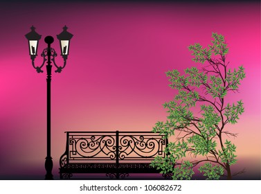 illustration with green tree and bench