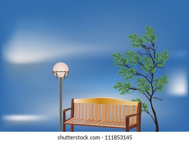 illustration with green tree and bench