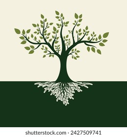 Illustration of a Green Tree design with dense leaves and roots. Vector Illustration.