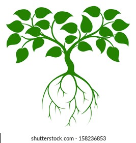 An illustration of a green tree graphic with long roots