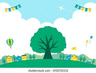 illustration of green tree and little town