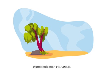 illustration of a green tree and stone with a blue sky background with a little cloud. for website, banner and background