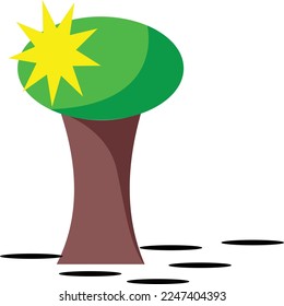 Ilustración de un árbol verde con un sol, y un simple diseño plano.